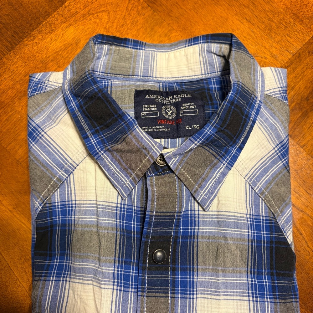 American Eagle Vintage Fit Plaid Button Down Shirt XL Blue Gray Cotton